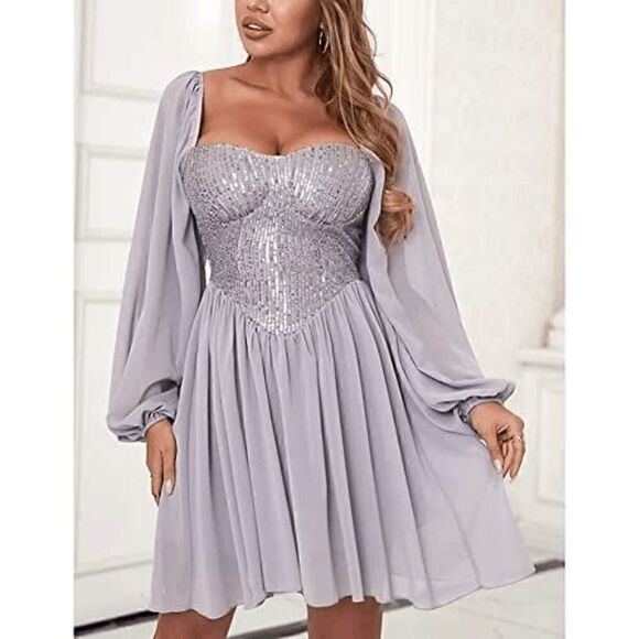 Long Lantern Sleeve Sequin Cocktail Party Bridesmaid Swing Dress SIZE M NEW - Picture 2 of 13